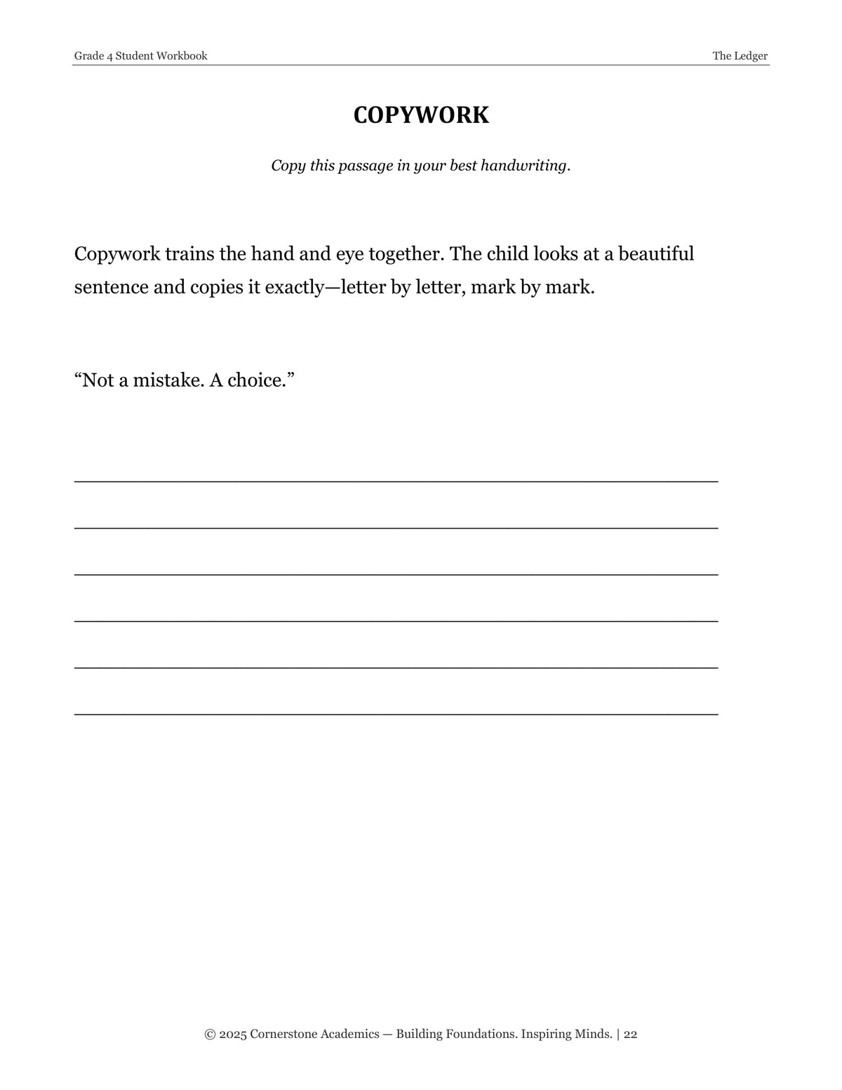 Copywork page from The Ledger, Grade 4 literature packet