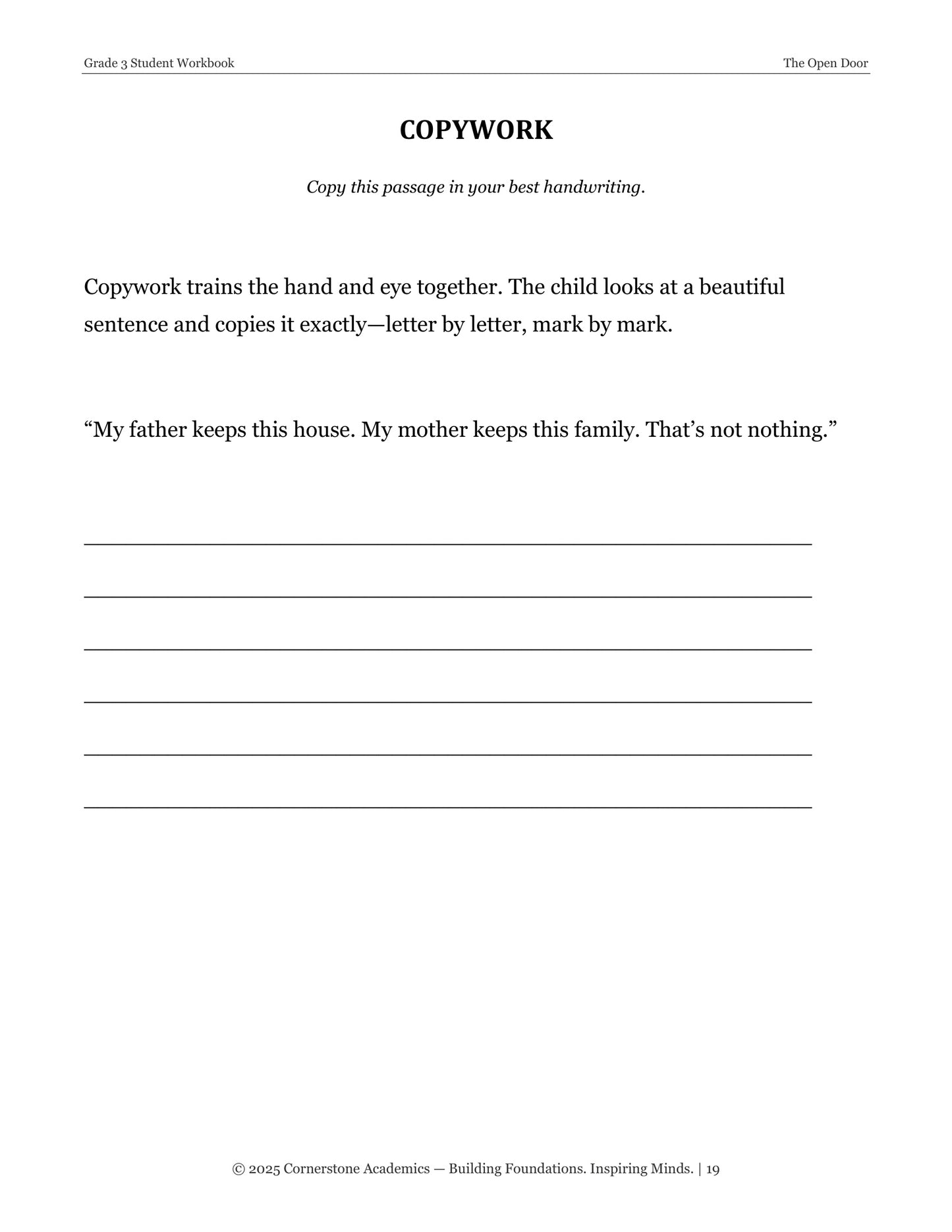 The Open Door | Grade 3 Classical Literature Packet | Cornerstone Academics