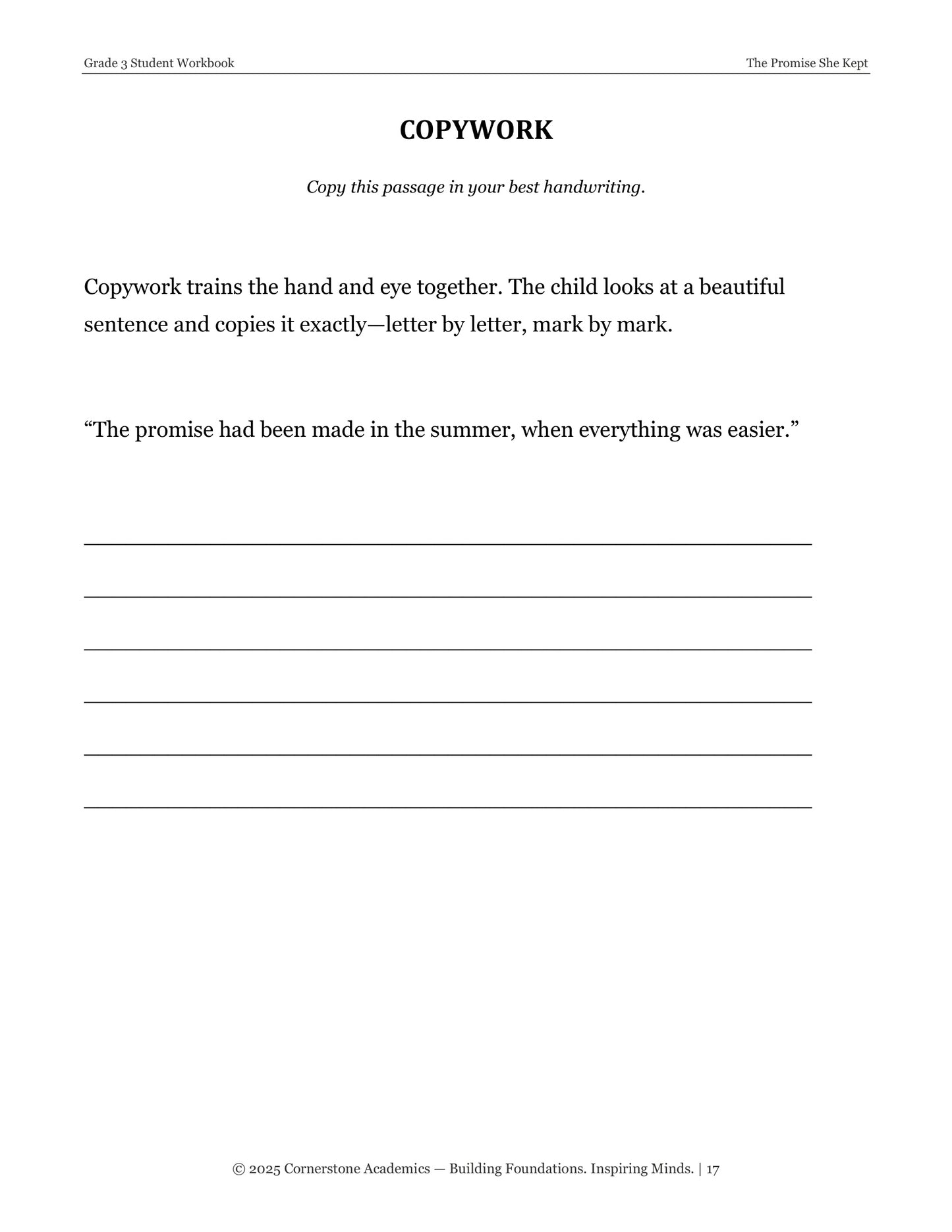 The Promise She Kept | Grade 3 Classical Literature Packet | Cornerstone Academics