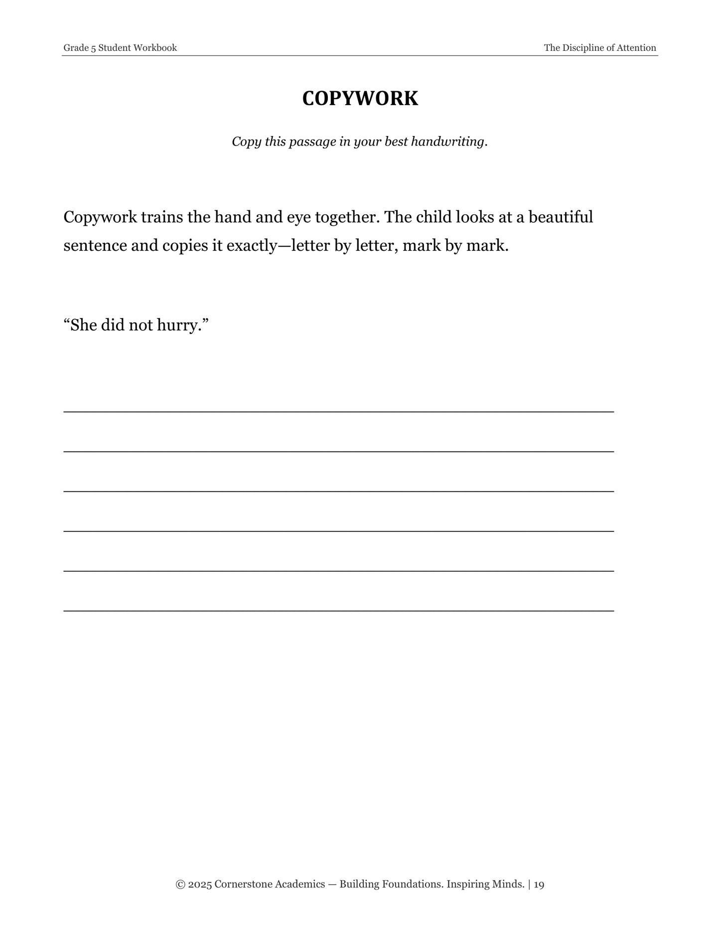 The Discipline of Attention | Grade 5 Classical Literature Packet | Cornerstone Academics