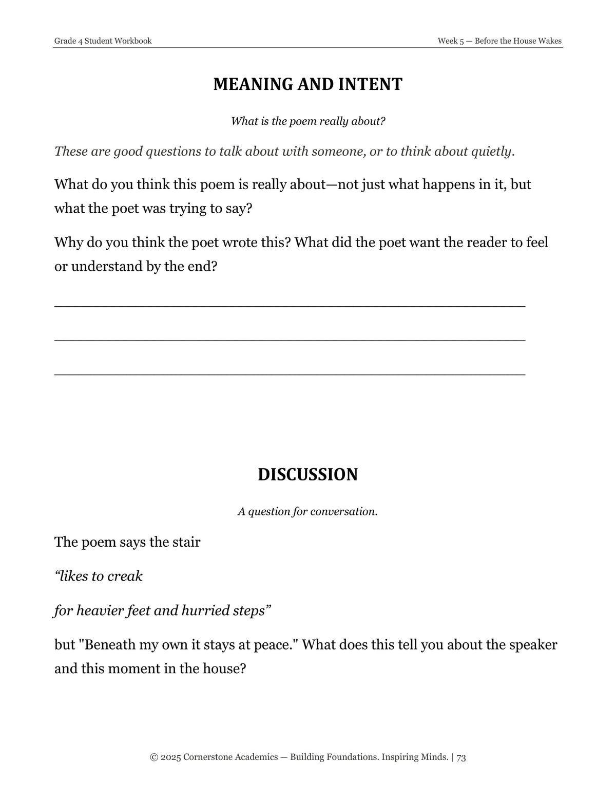 Discussion questions page from Grade 4 Literature Poetry Companion Student Workbook, Grade 4 homeschool curriculum