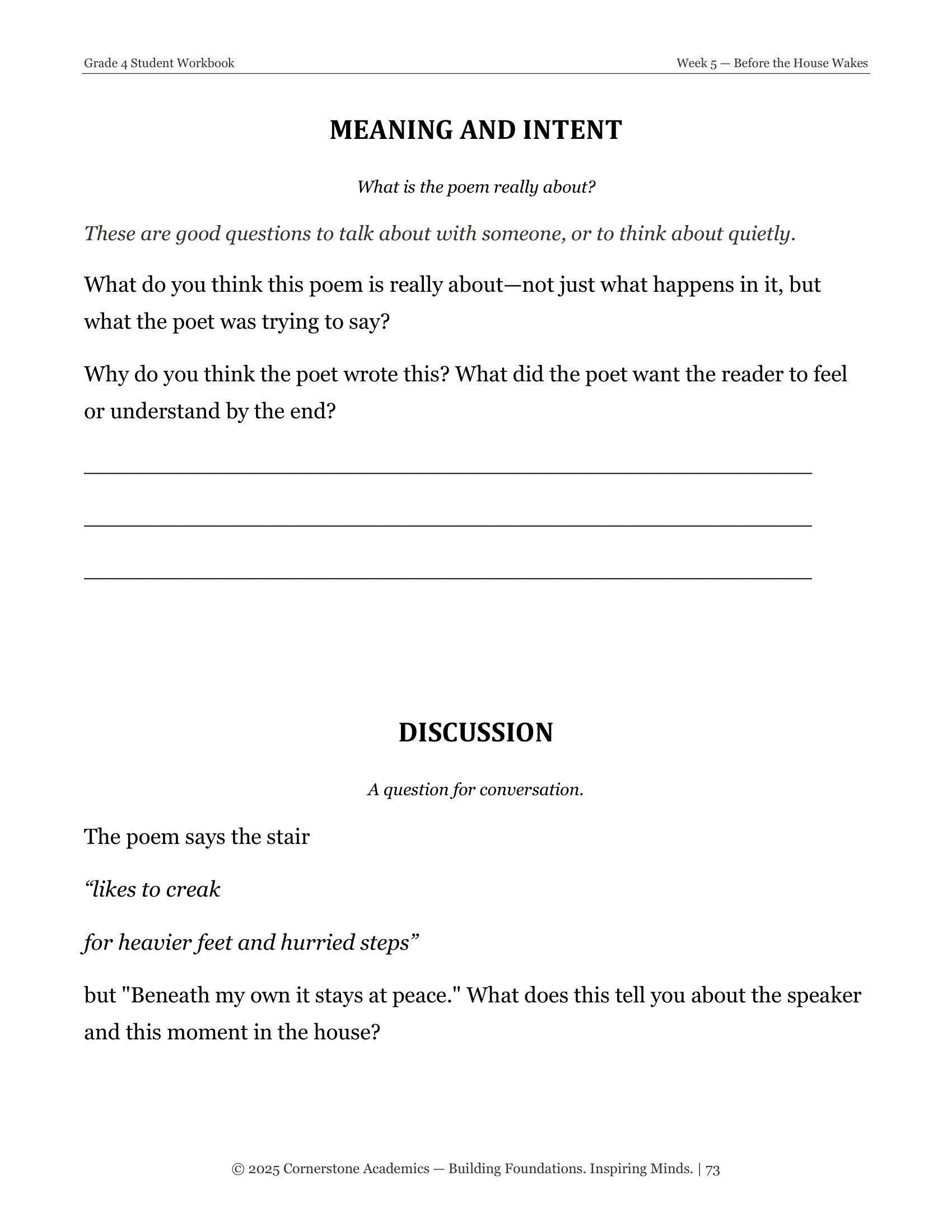 Discussion questions page from Grade 4 Literature Poetry Companion Student Workbook, Grade 4 homeschool curriculum