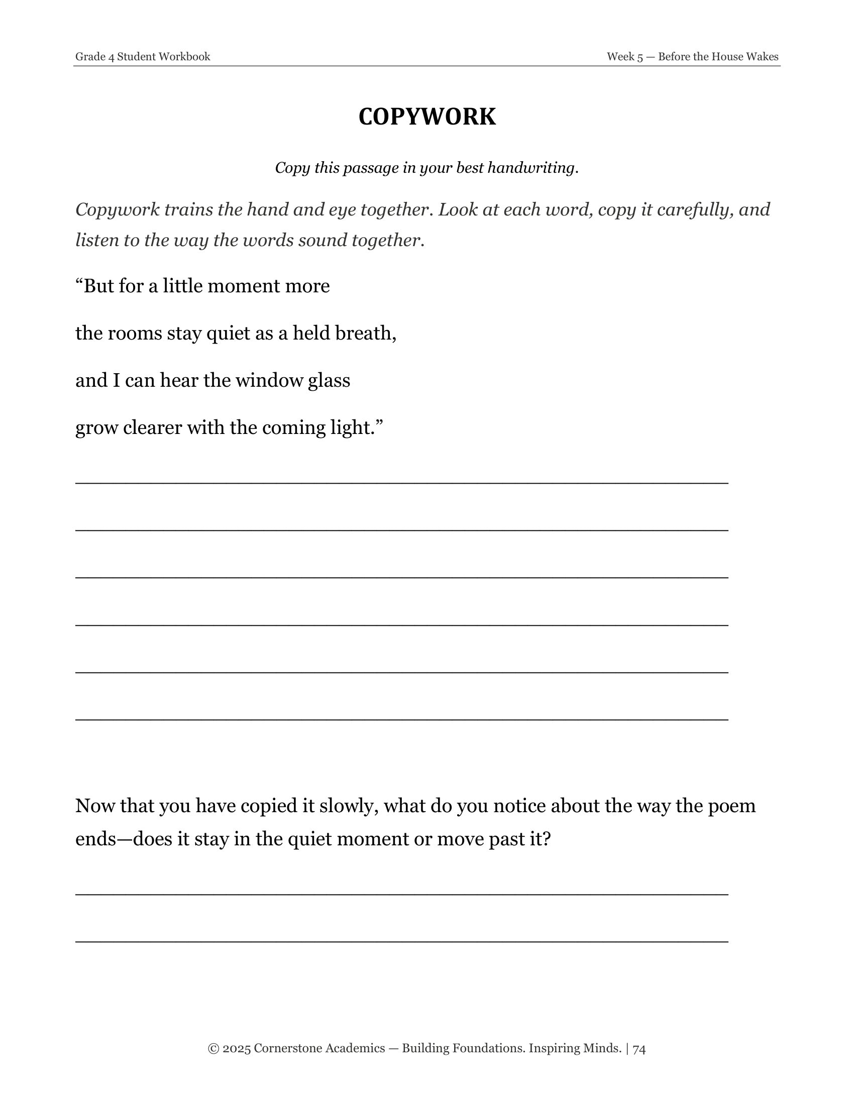 Copywork page from Grade 4 Literature Poetry Companion Student Workbook, Grade 4 homeschool curriculum