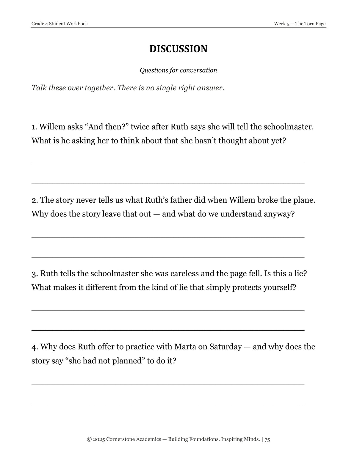 Discussion questions page from Grade 4 Literature Student Workbook Set, Grade 4 homeschool curriculum