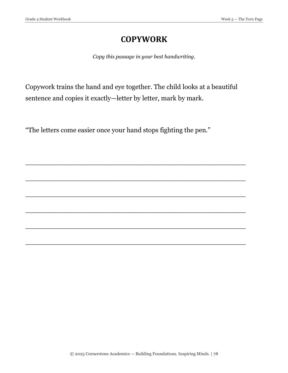 Copywork page from Grade 4 Literature Student Workbook Set, Grade 4 homeschool curriculum