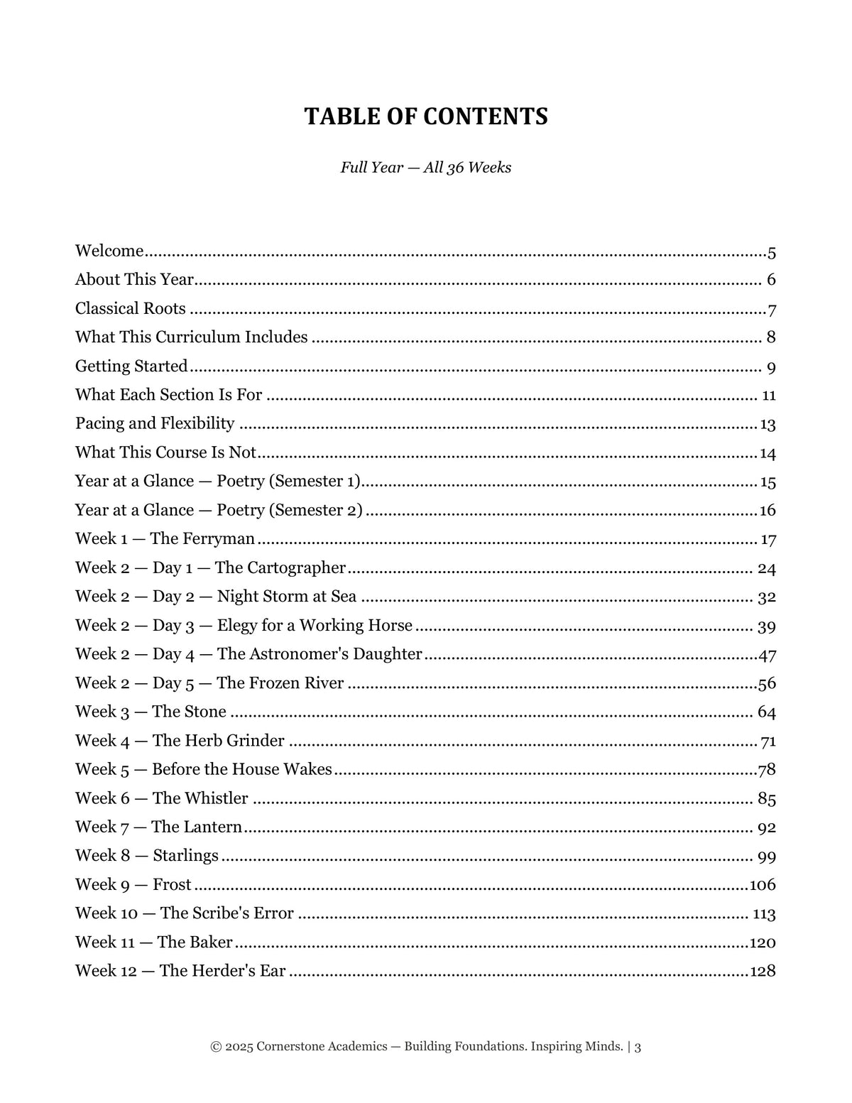 Table of contents from Grade 4 Literature Poetry Companion Teacher's Edition, Grade 4 homeschool curriculum