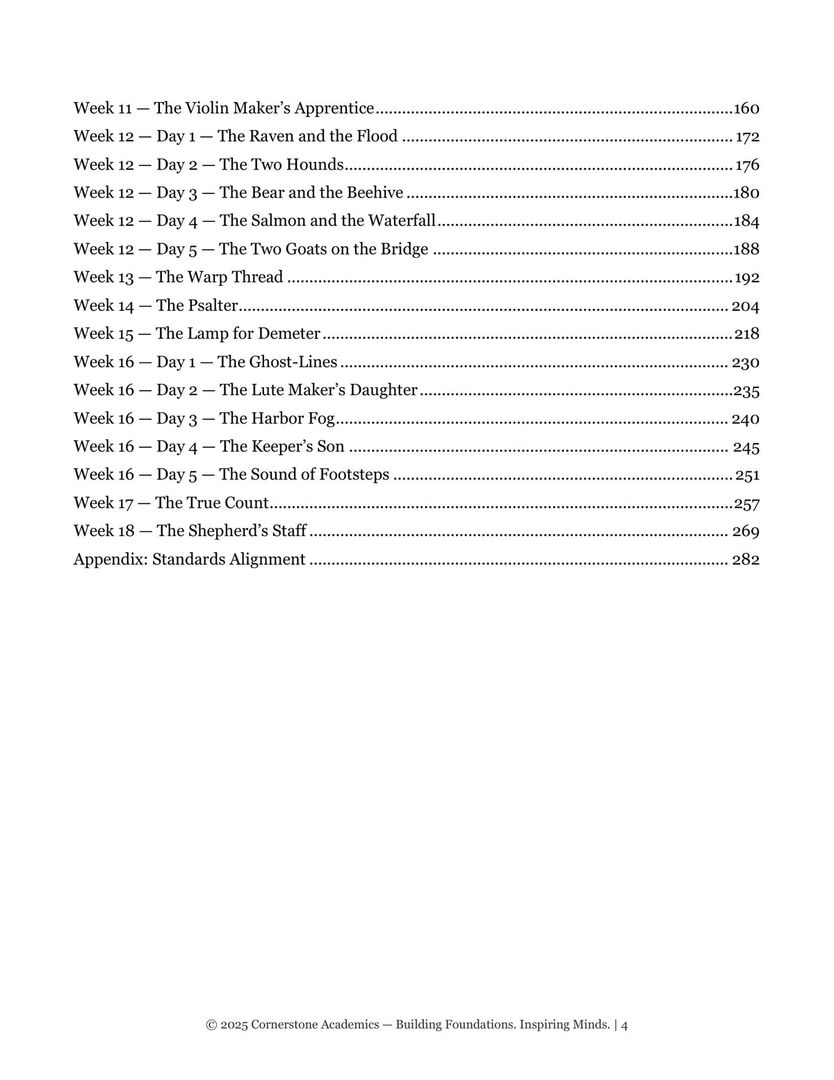 Table of contents, continued from Grade 4 Literature Teacher's Edition Set, Grade 4 homeschool curriculum
