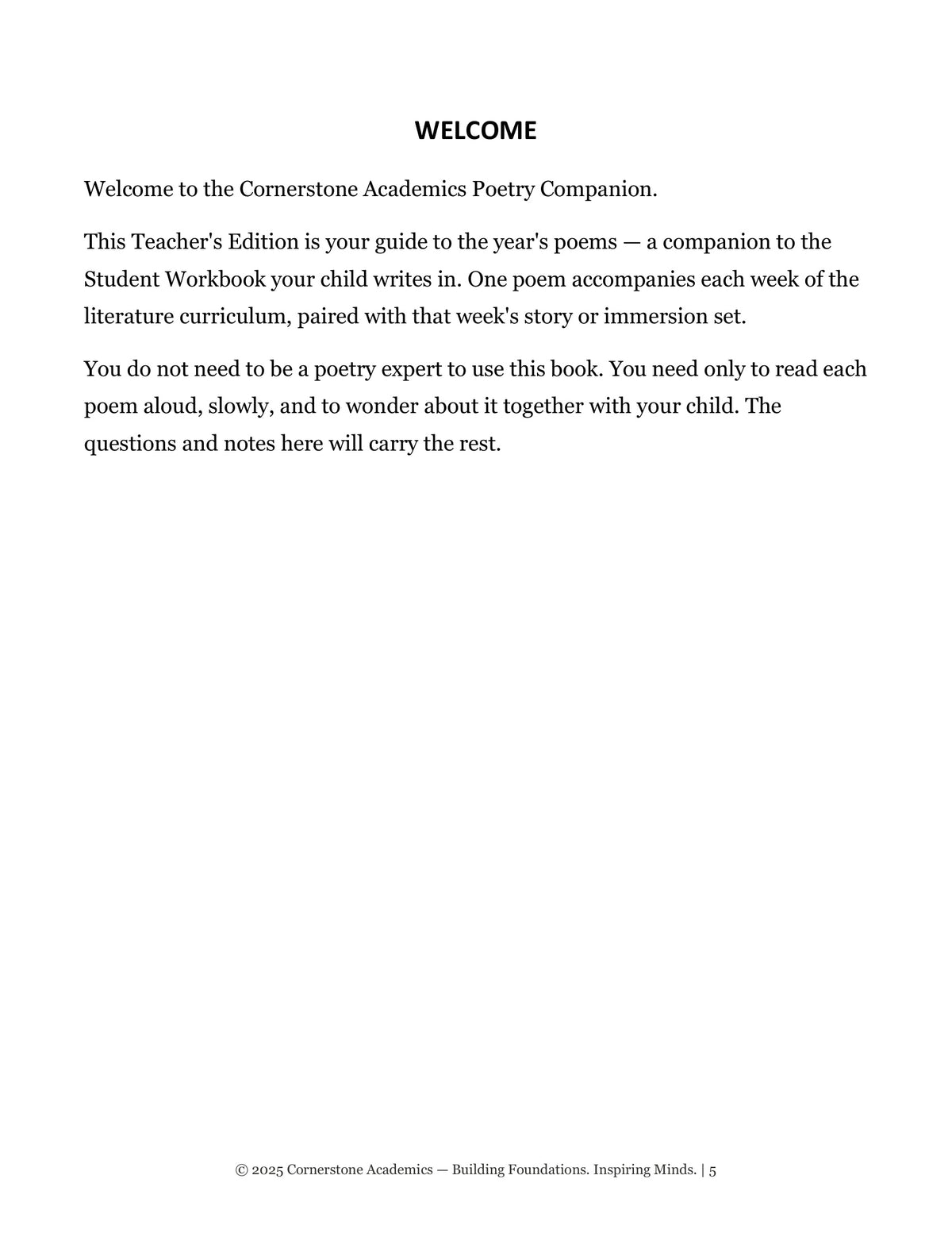 Welcome page from Grade 4 Literature Poetry Companion Teacher's Edition, Grade 4 homeschool curriculum