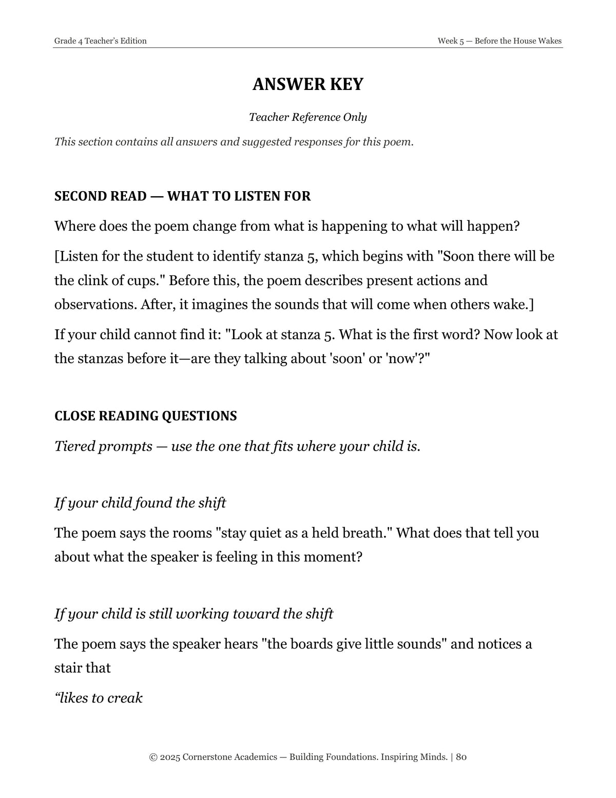 Parent answer key page from Grade 4 Literature Poetry Companion Teacher's Edition, Grade 4 homeschool curriculum
