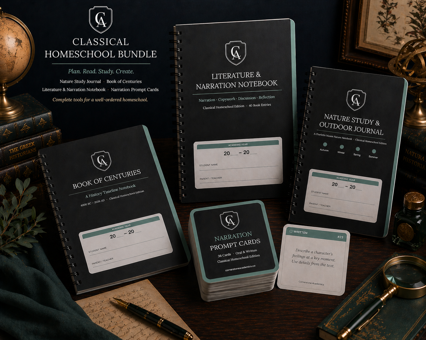 Charlotte Mason Essentials Bundle — Nature Study Journal, Book of Centuries, Literature & Narration Notebook, and Narration Prompt Cards