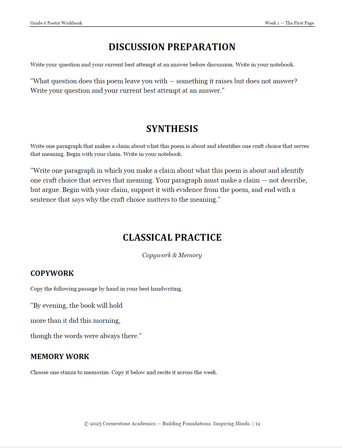 Vanguard Literature Grade 6 — Poetry Companion Student Workbook | Cornerstone Academics