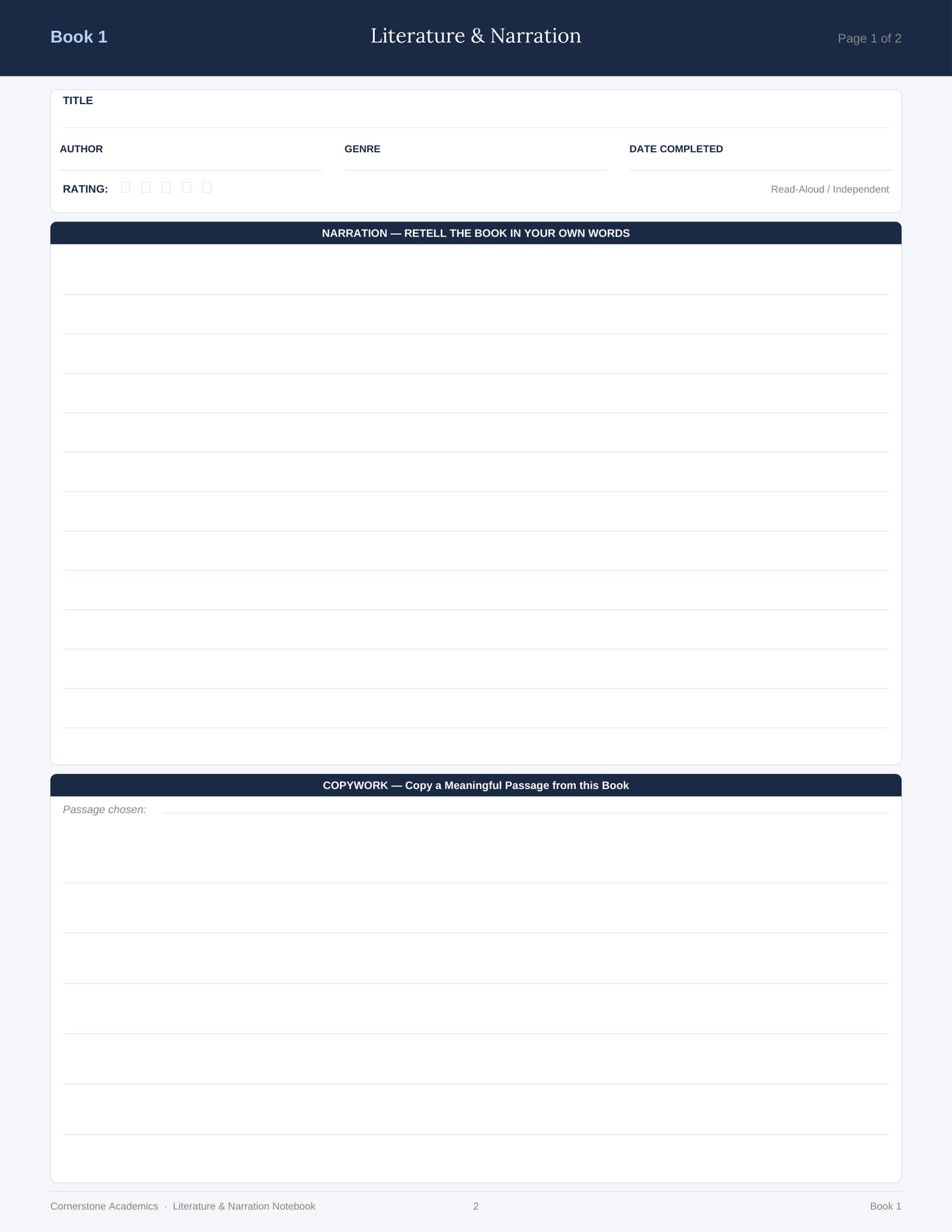Cornerstone Academics Literature & Narration Notebook – Classical Homeschool Edition (Free)