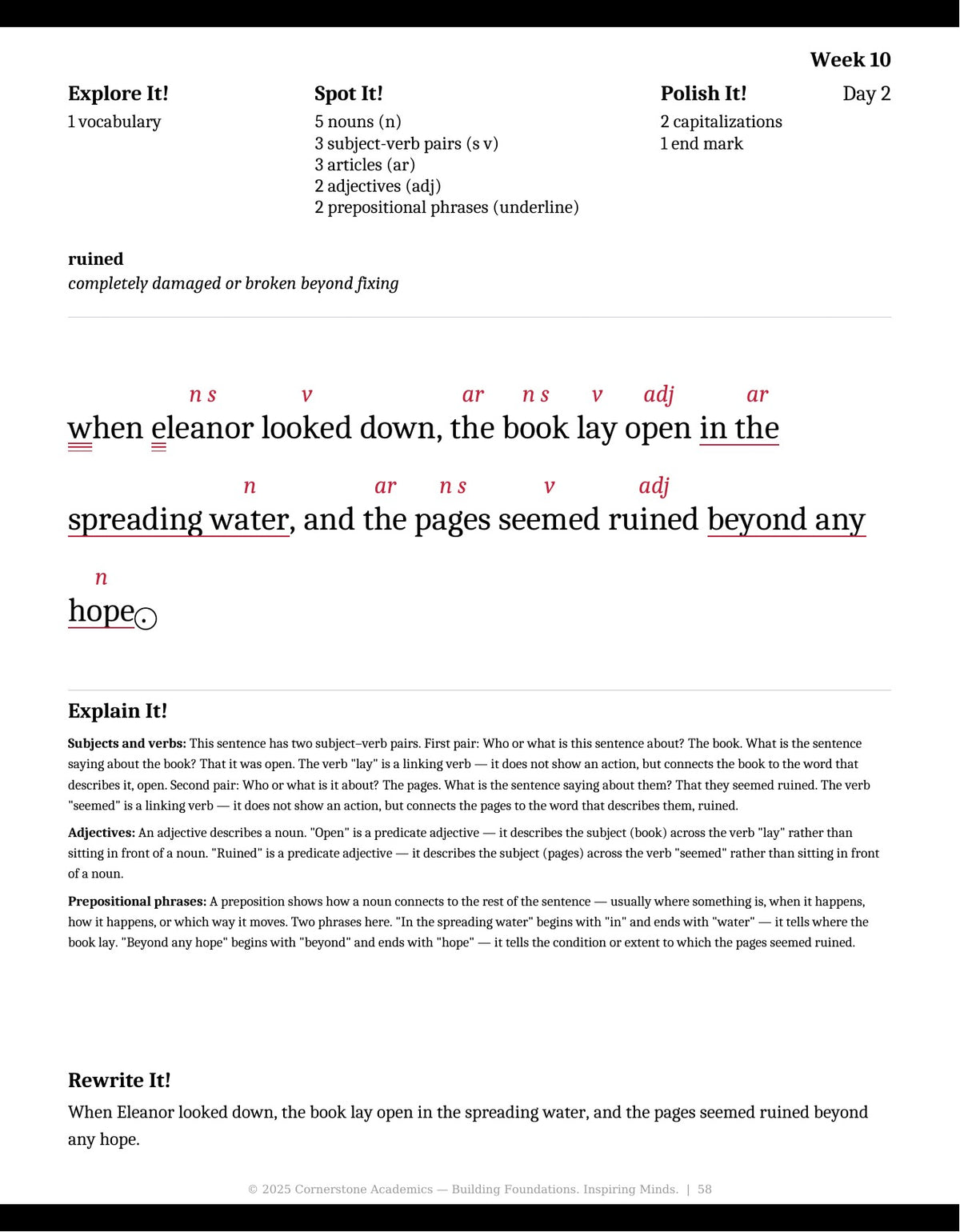 Week 10 lesson page from Grade 4 Grammar, Grade 4 grammar curriculum