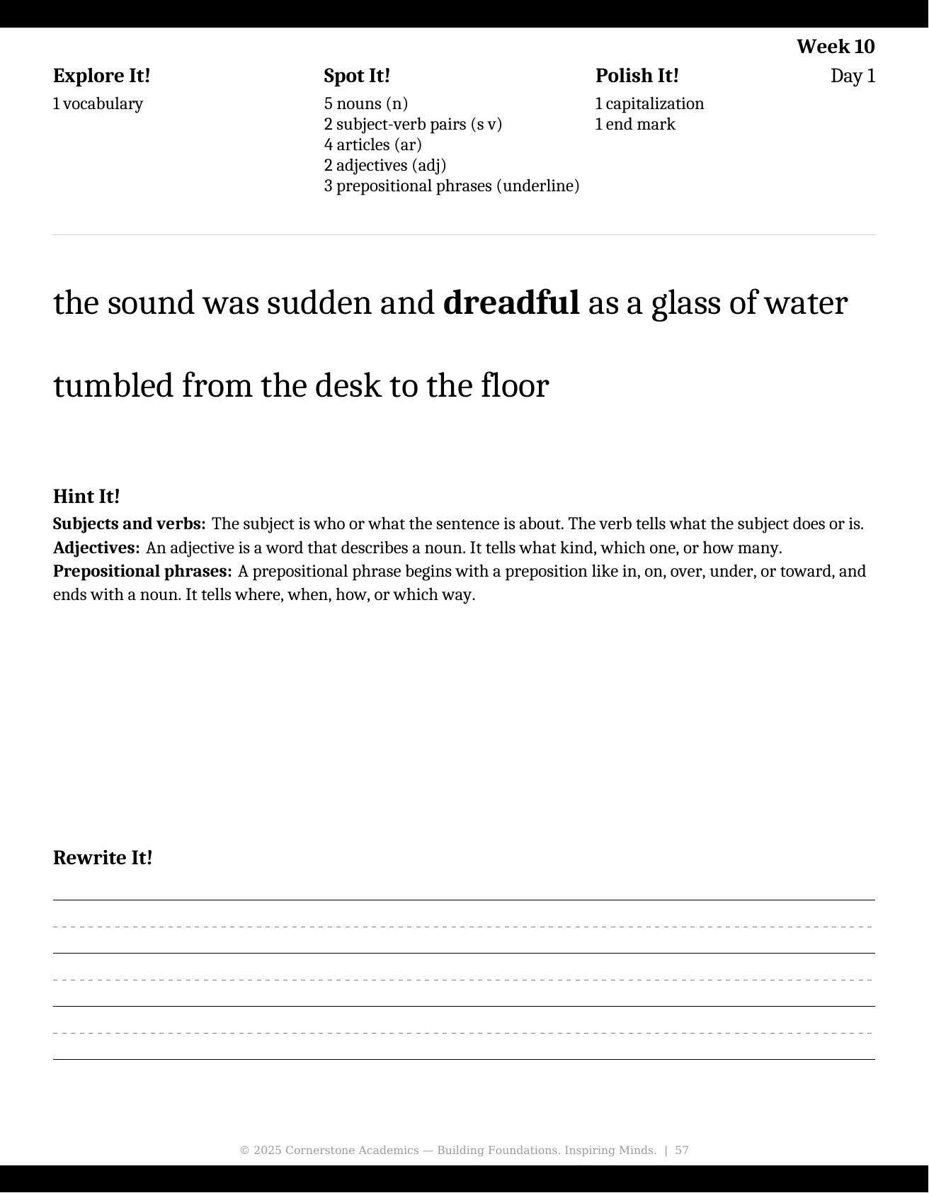 Week 10 lesson page from Grade 4 Grammar: Morning Light — Student Workbook, Grade 4 grammar curriculum