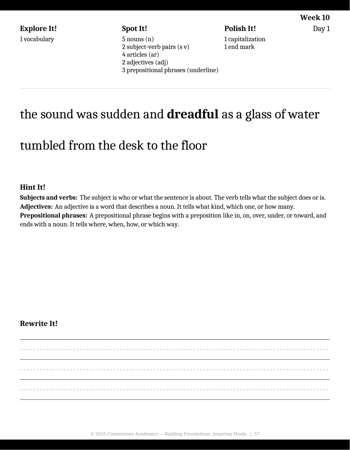 Week 10 lesson page from Grade 4 Grammar: Morning Light — Student Workbook, Grade 4 grammar curriculum