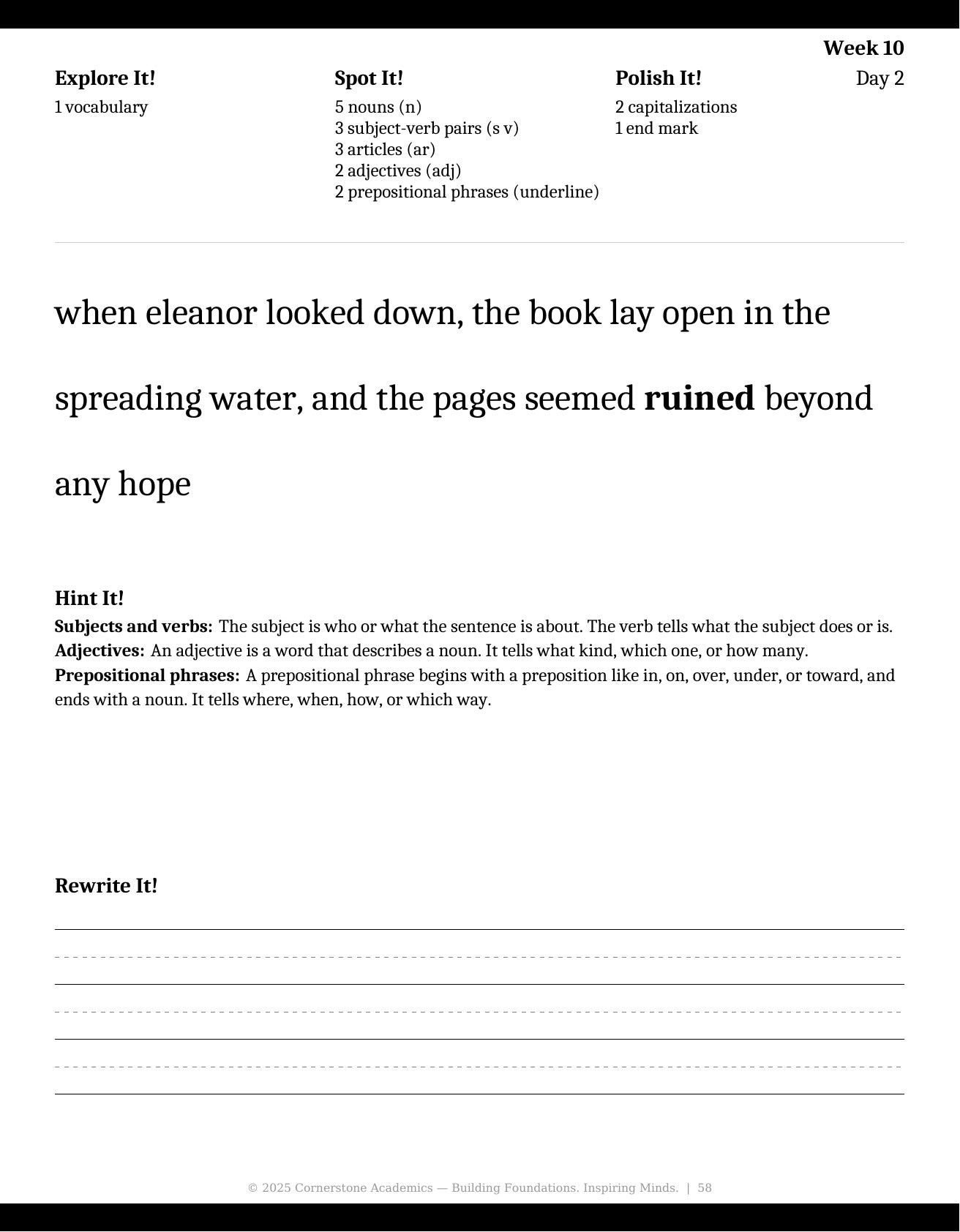Week 10 lesson page from Grade 4 Grammar: Morning Light — Student Workbook, Grade 4 grammar curriculum