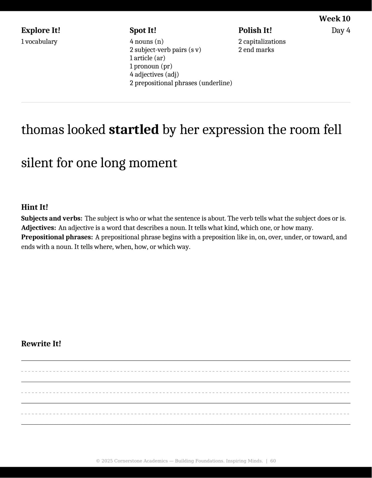 Week 10 lesson page from Grade 4 Grammar: Morning Light — Student Workbook, Grade 4 grammar curriculum
