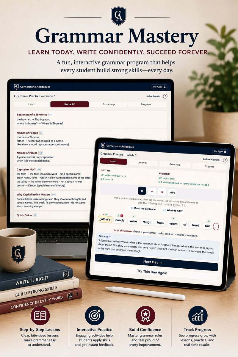 Front cover of Grade 3 Grammar Practice App: First Light, a Grade 3 grammar curriculum from Cornerstone Academics