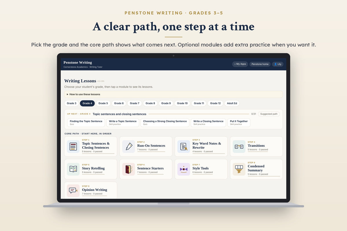 Penstone Writing Grades 3–5: lessons page with the grade's core path and the Up next card