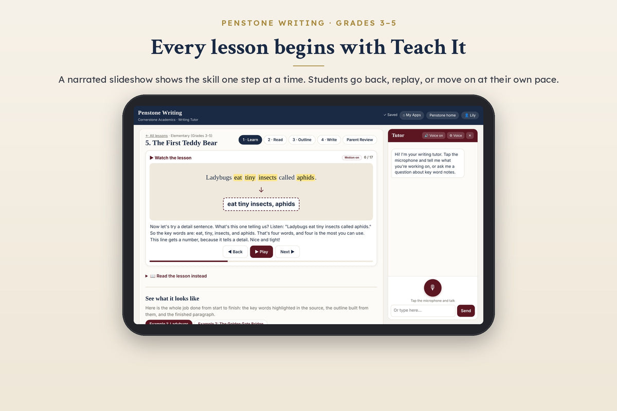 Penstone Writing Grades 3–5: a narrated Teach It slide in a key word notes lesson