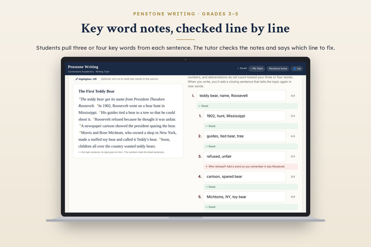 Penstone Writing Grades 3–5: key word notes checked line by line by the tutor