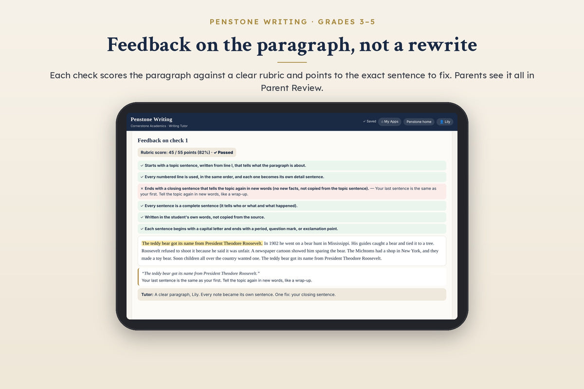 Penstone Writing Grades 3–5: paragraph check with rubric feedback on the closing sentence