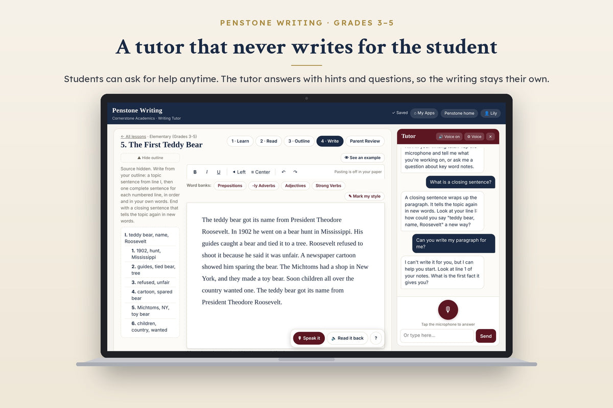 Penstone Writing Grades 3–5: the writing tutor answering a student's questions without writing for them