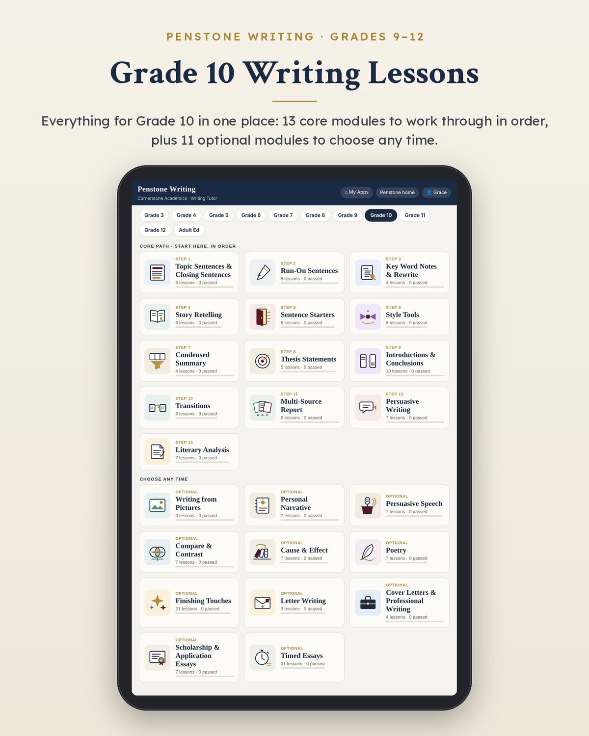 Penstone Writing Grade 10 on an iPad: the Writing Lessons page with every Grade 10 module, the core path in order and the optional modules