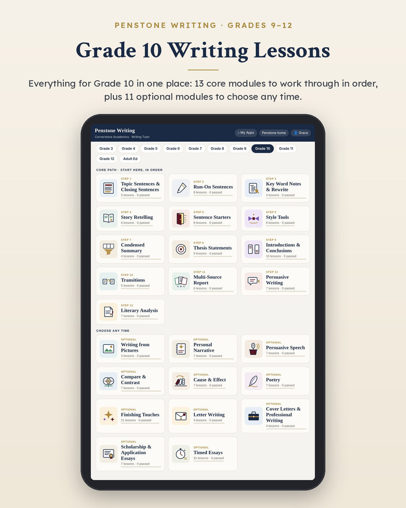 Penstone Writing Grade 10 on an iPad: the Writing Lessons page with every Grade 10 module, the core path in order and the optional modules