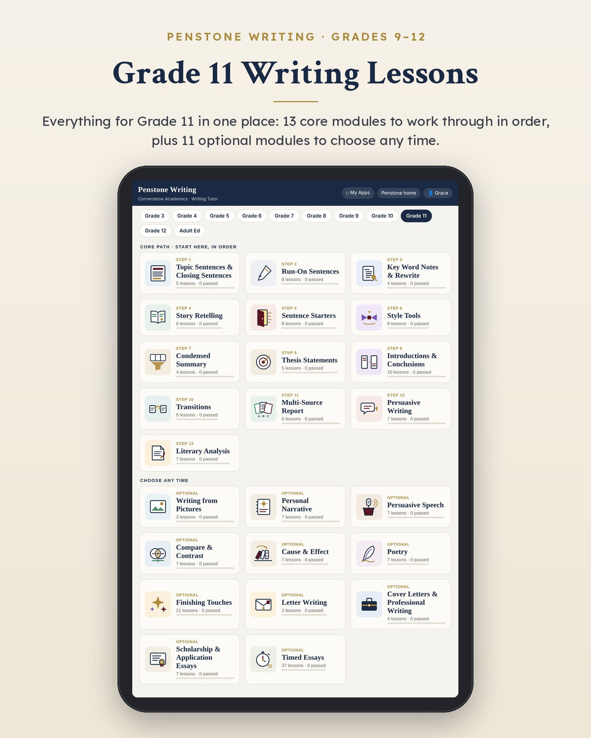 Penstone Writing Grade 11 on an iPad: the Writing Lessons page with every Grade 11 module, the core path in order and the optional modules