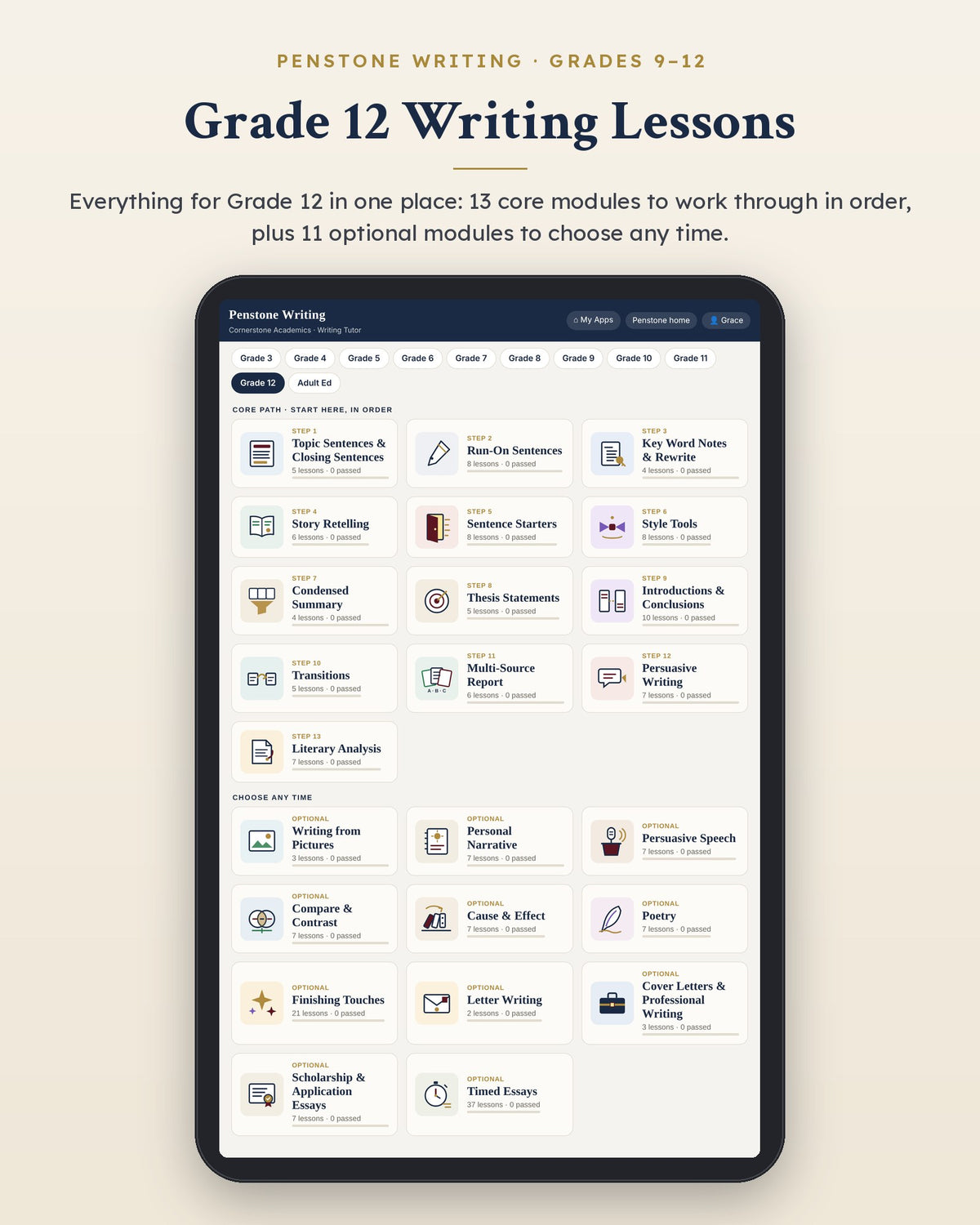 Penstone Writing Grade 12 on an iPad: the Writing Lessons page with every Grade 12 module, the core path in order and the optional modules