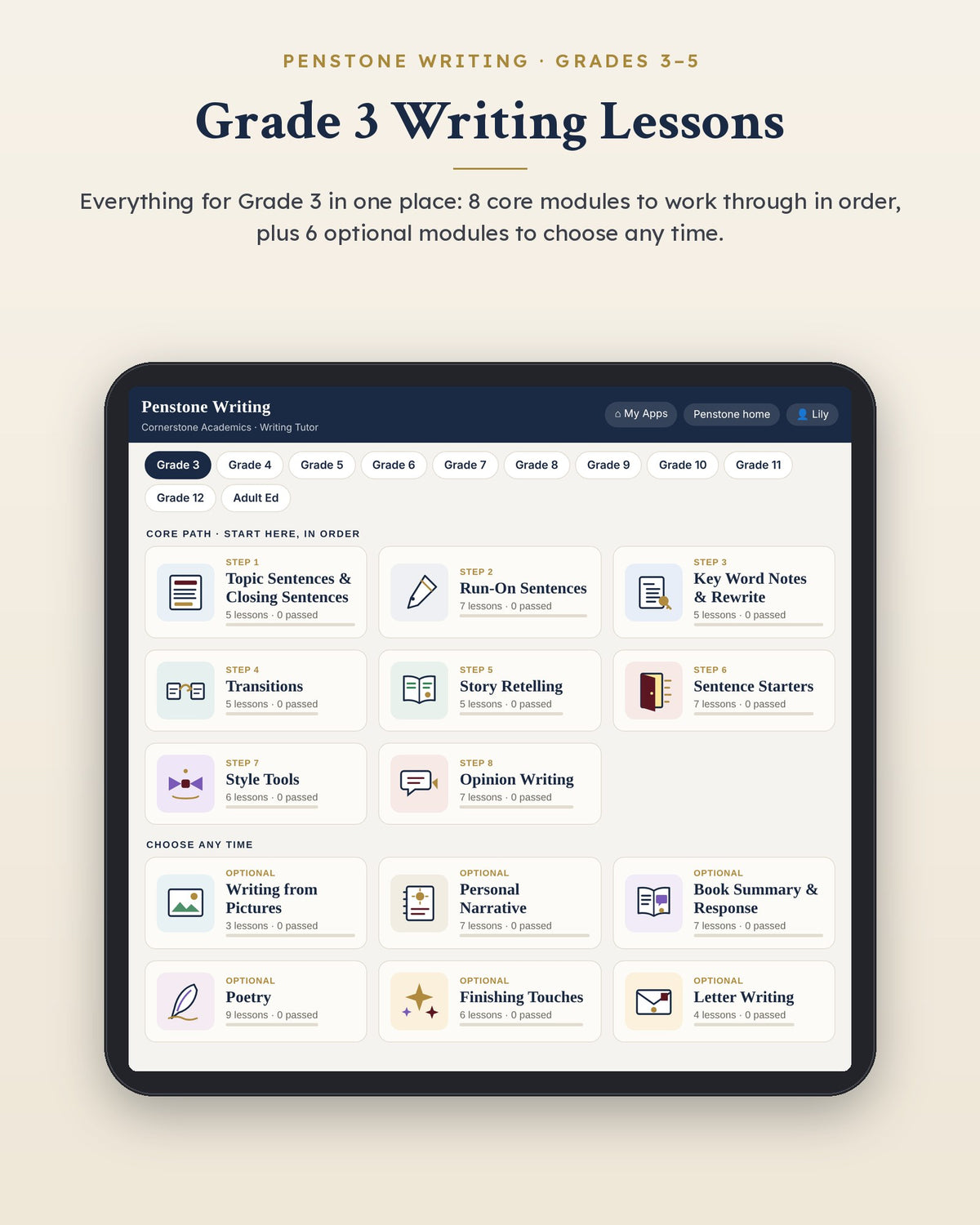 Penstone Writing Grade 3 on an iPad: the Writing Lessons page with every Grade 3 module, the core path in order and the optional modules