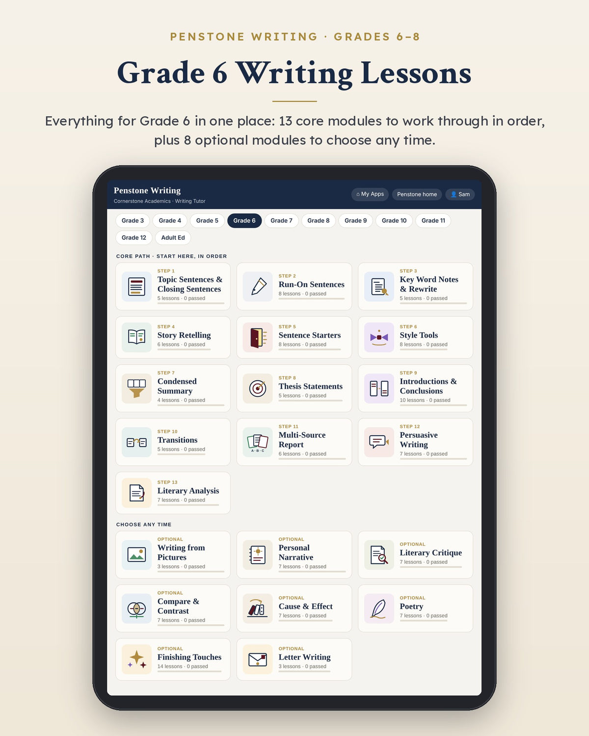 Penstone Writing Grade 6 on an iPad: the Writing Lessons page with every Grade 6 module, the core path in order and the optional modules