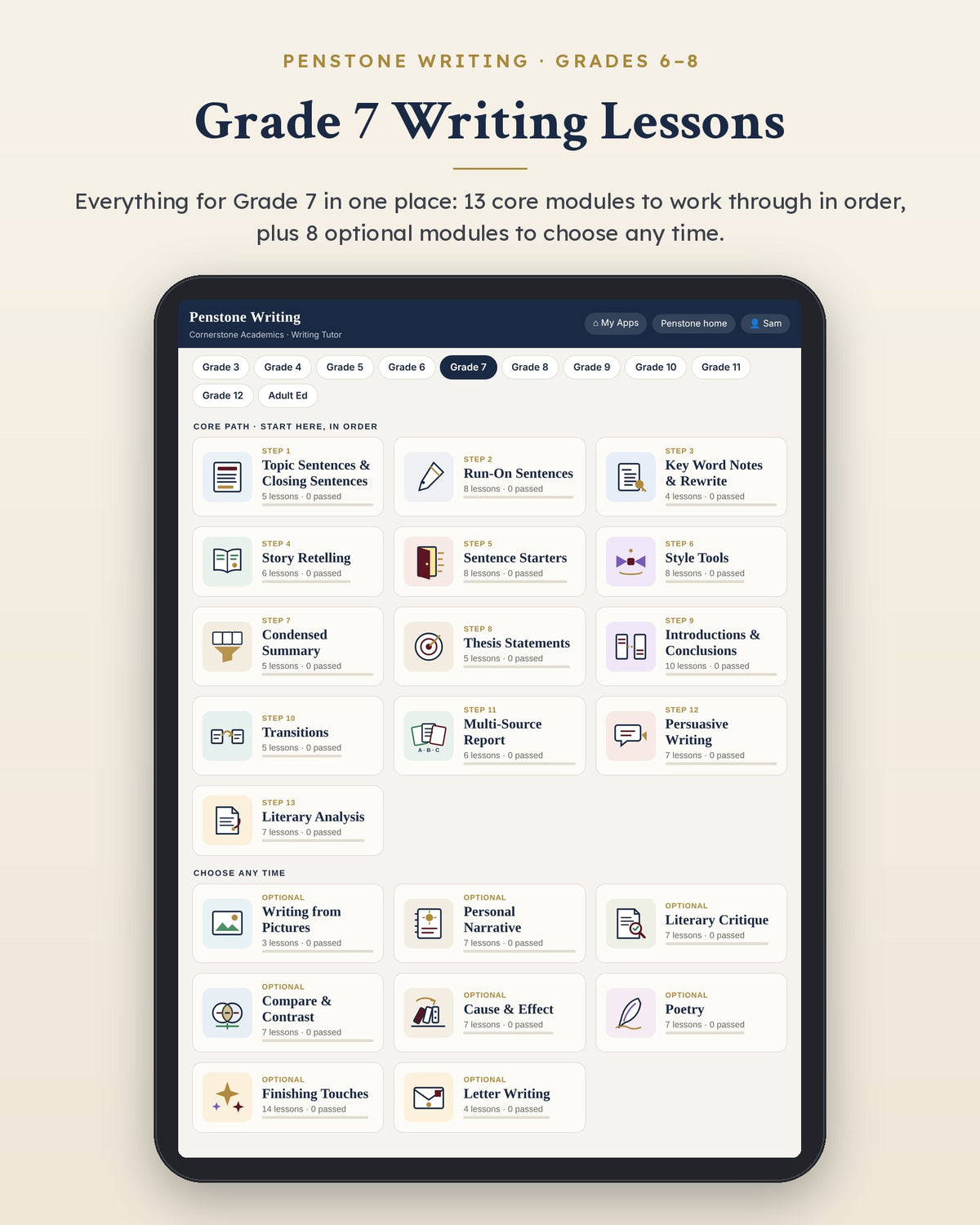 Penstone Writing Grade 7 on an iPad: the Writing Lessons page with every Grade 7 module, the core path in order and the optional modules