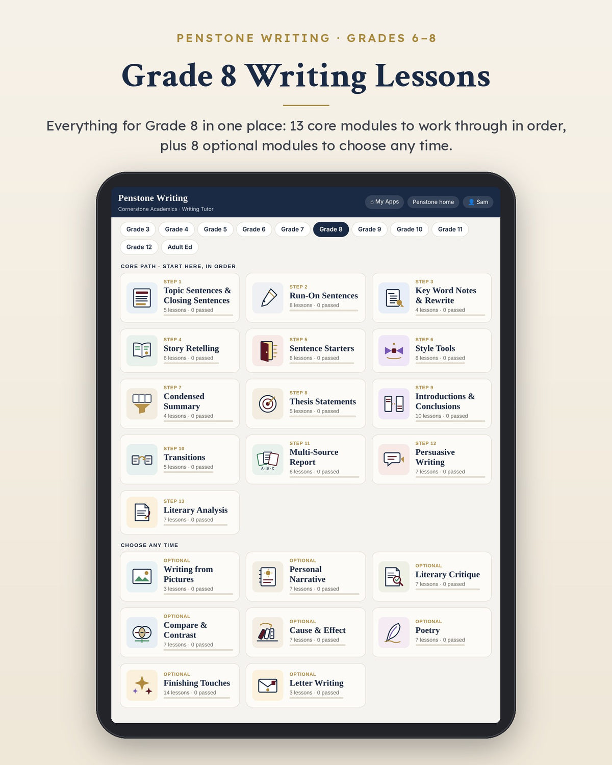 Penstone Writing Grade 8 on an iPad: the Writing Lessons page with every Grade 8 module, the core path in order and the optional modules