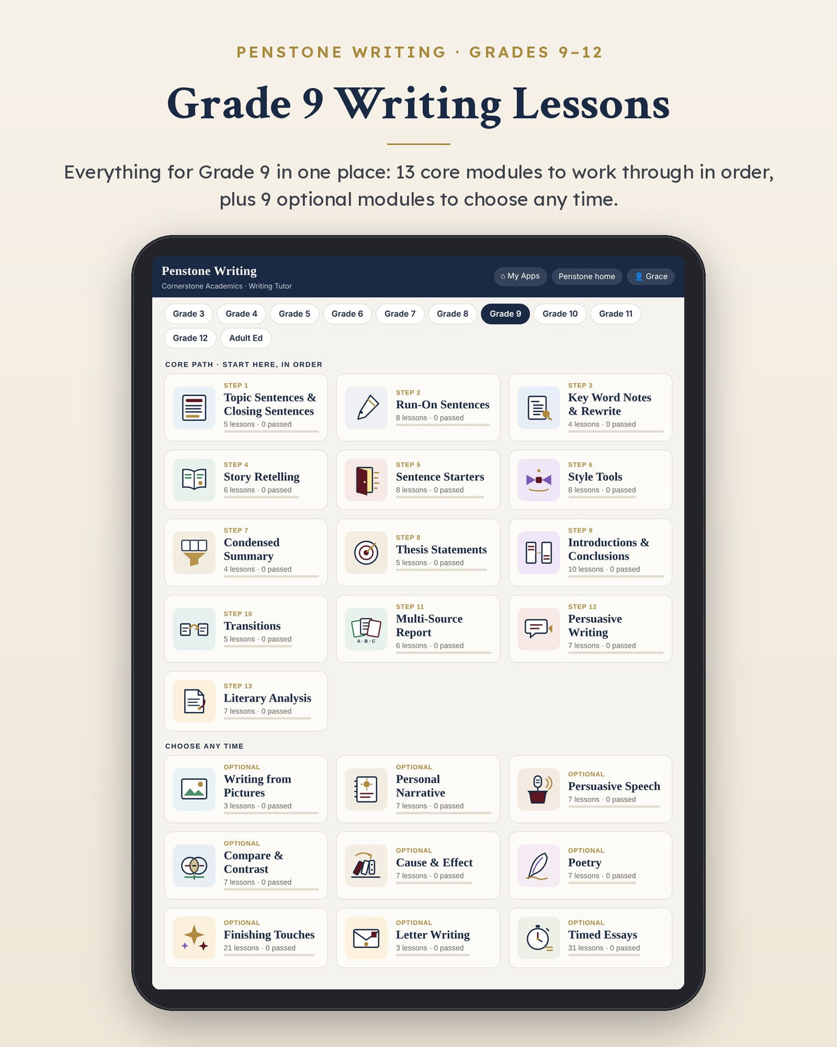 Penstone Writing Grade 9 on an iPad: the Writing Lessons page with every Grade 9 module, the core path in order and the optional modules