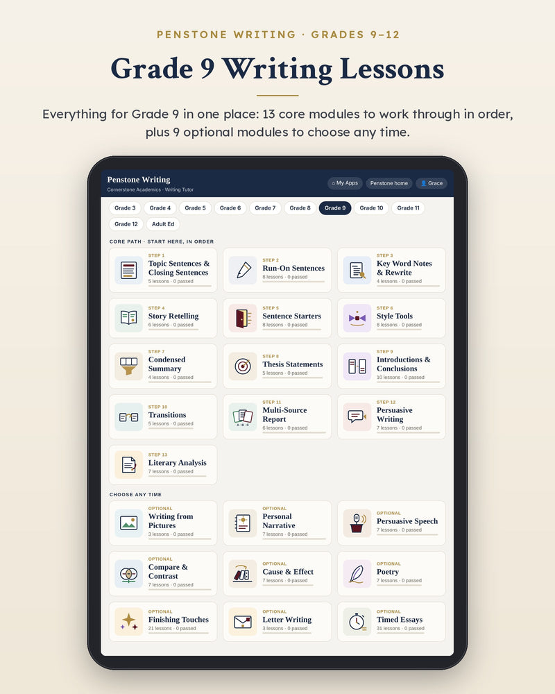 Penstone Writing Grade 9 on an iPad: the Writing Lessons page with every Grade 9 module, the core path in order and the optional modules