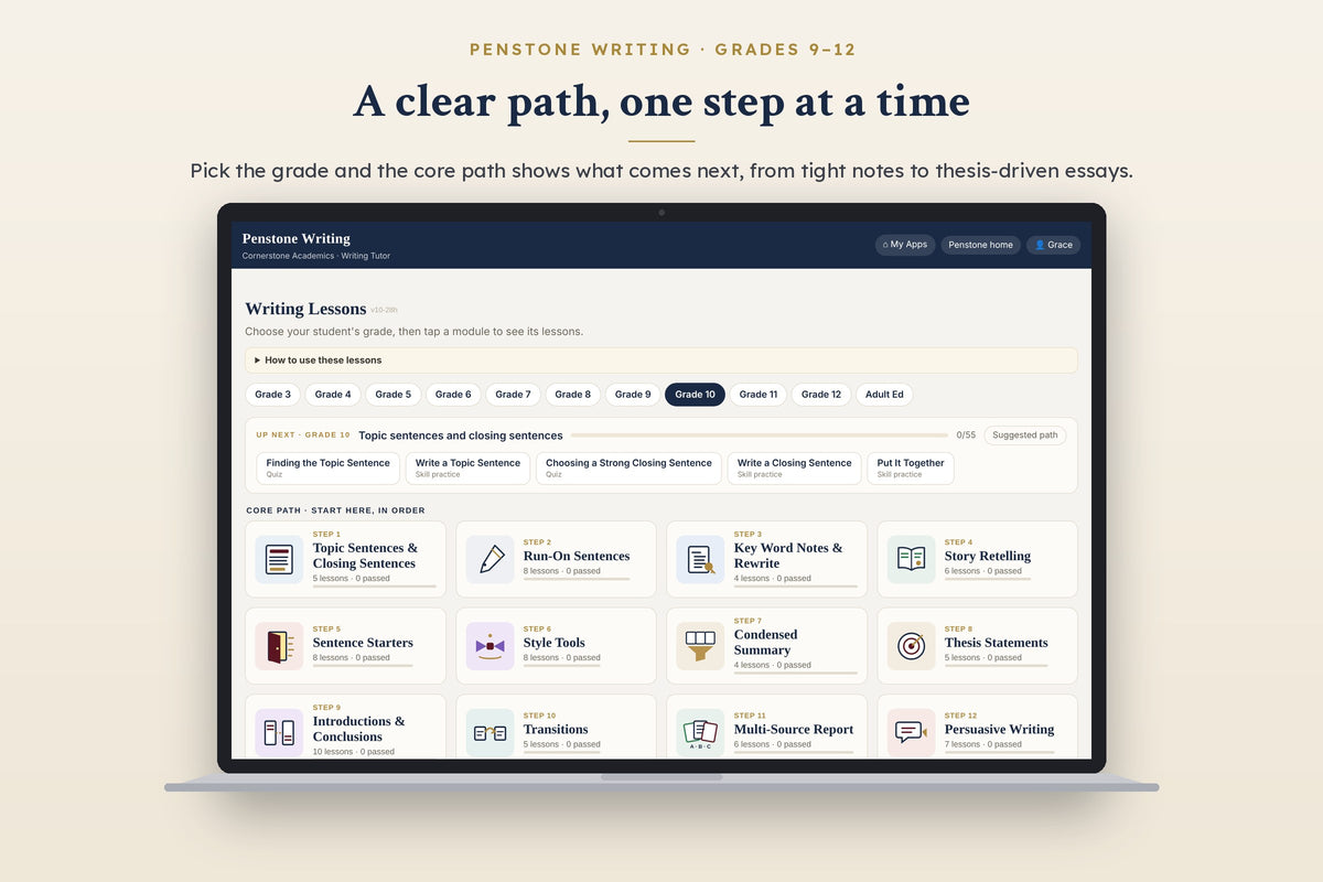 Penstone Writing Grades 9–12: lessons page with the grade's core path and the Up next card
