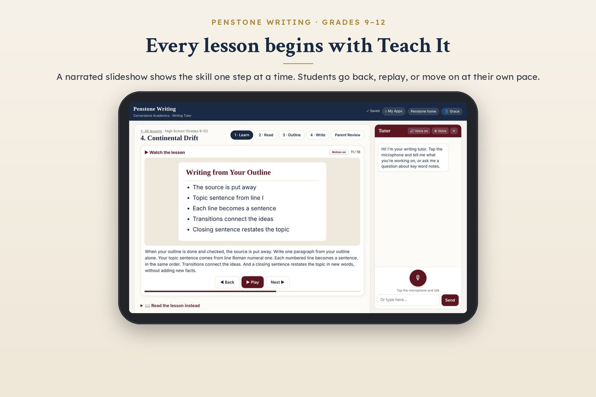 Penstone Writing Grades 9–12: a narrated Teach It slide in a key word notes lesson