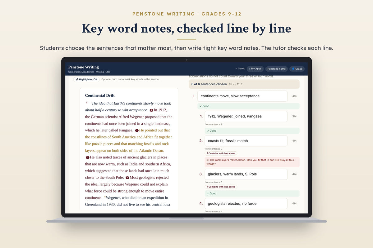 Penstone Writing Grades 9–12: key word notes checked line by line by the tutor