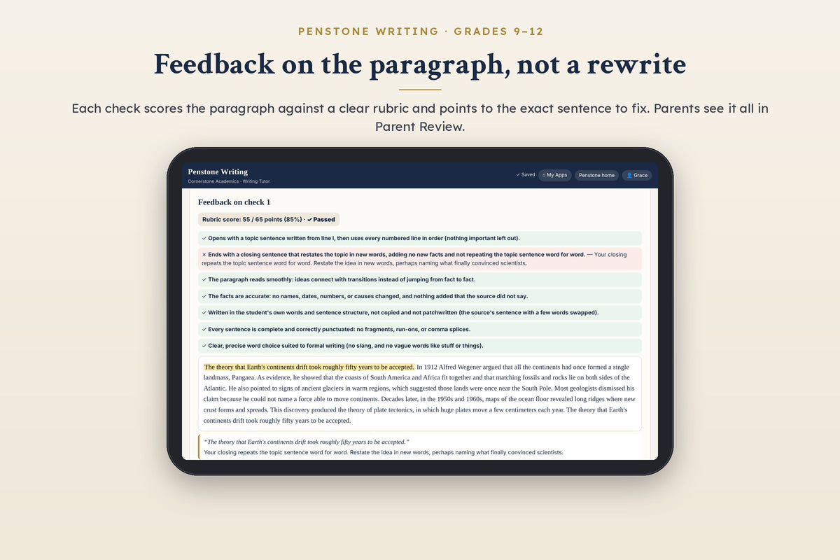 Penstone Writing Grades 9–12: paragraph check with rubric feedback on the closing sentence