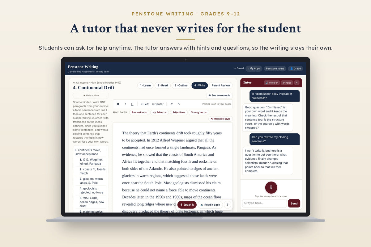 Penstone Writing Grades 9–12: the writing tutor answering a student's questions without writing for them