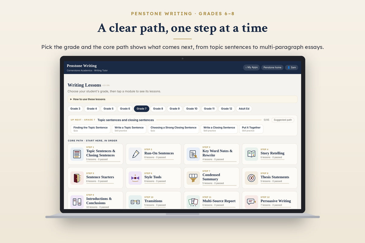 Penstone Writing Grades 6–8: lessons page with the grade's core path and the Up next card