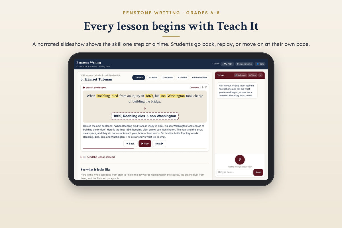 Penstone Writing Grades 6–8: a narrated Teach It slide in a key word notes lesson