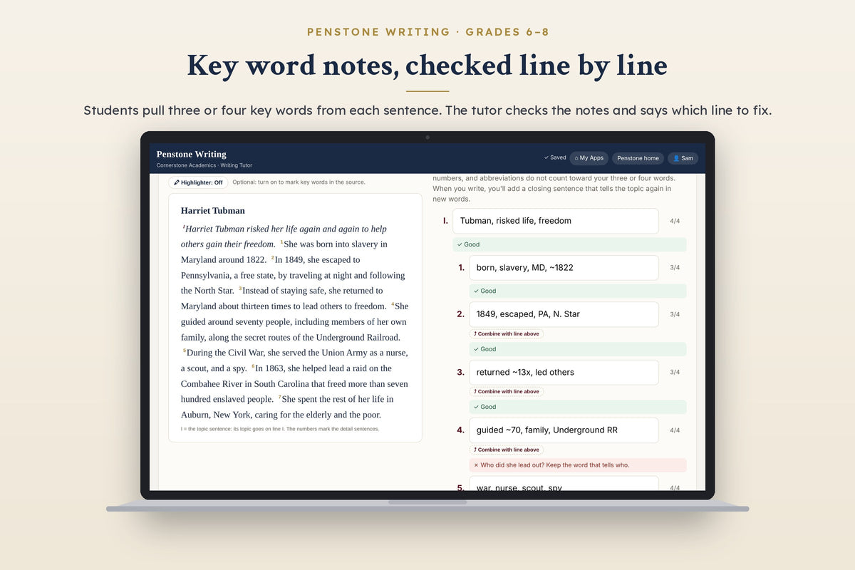 Penstone Writing Grades 6–8: key word notes checked line by line by the tutor