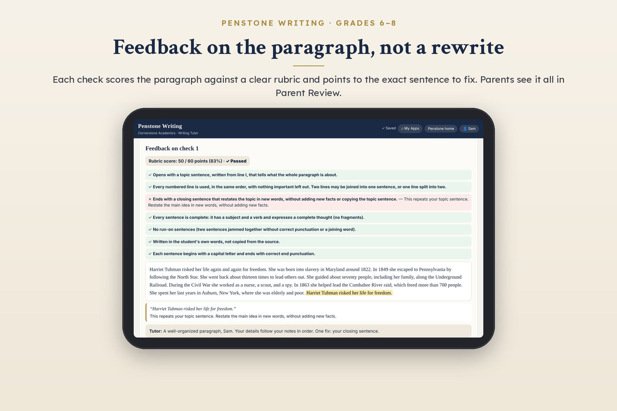 Penstone Writing Grades 6–8: paragraph check with rubric feedback on the closing sentence