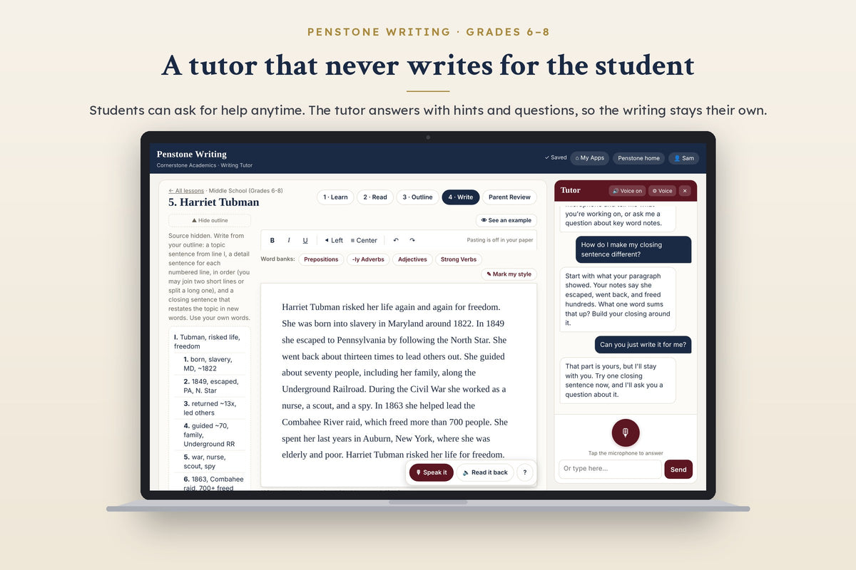 Penstone Writing Grades 6–8: the writing tutor answering a student's questions without writing for them