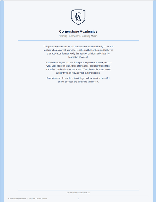 Cornerstone Academics Full-Year Lesson Planner – Classical Homeschool Edition (Free)