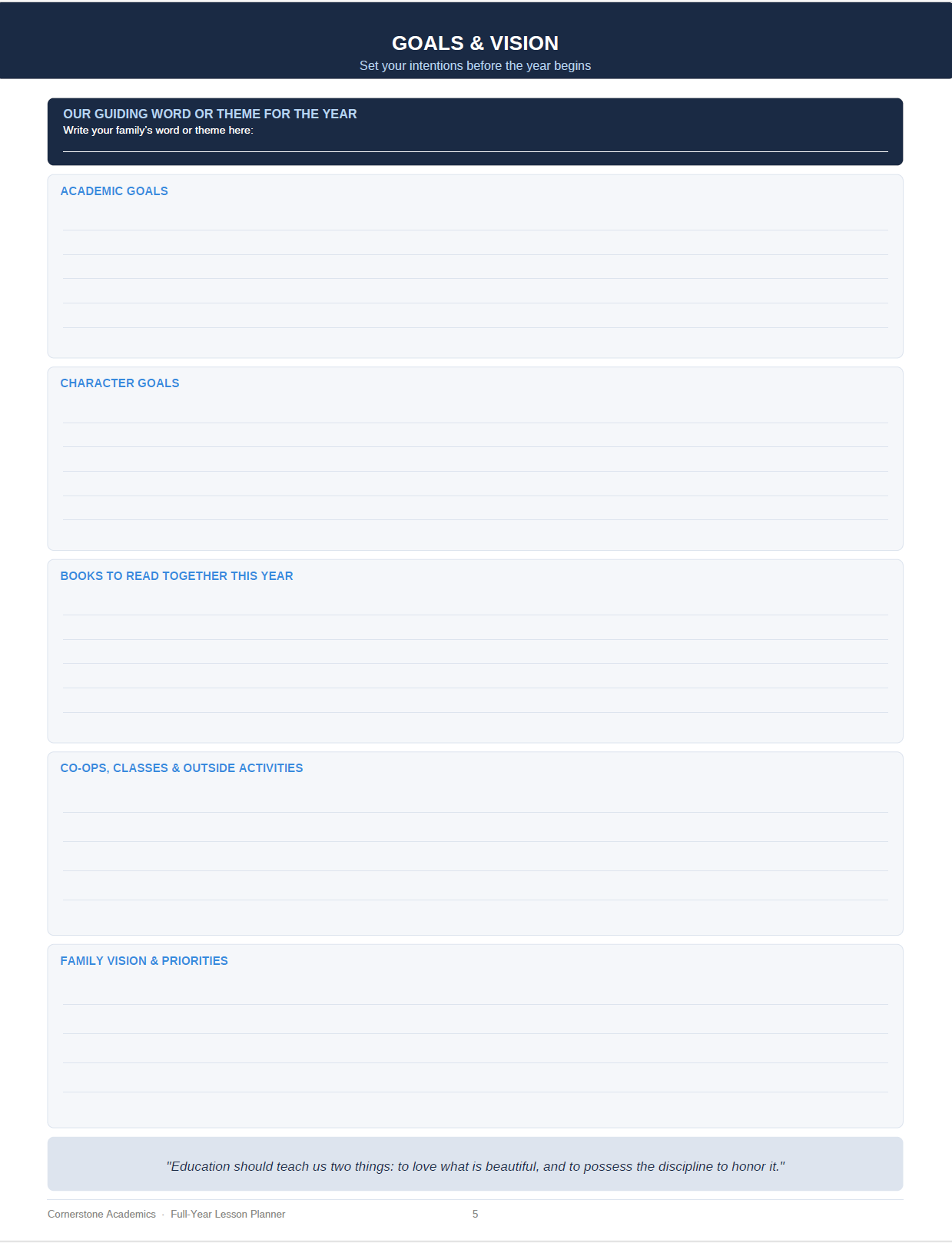 Cornerstone Academics Full-Year Lesson Planner – Classical Homeschool Edition (Free)