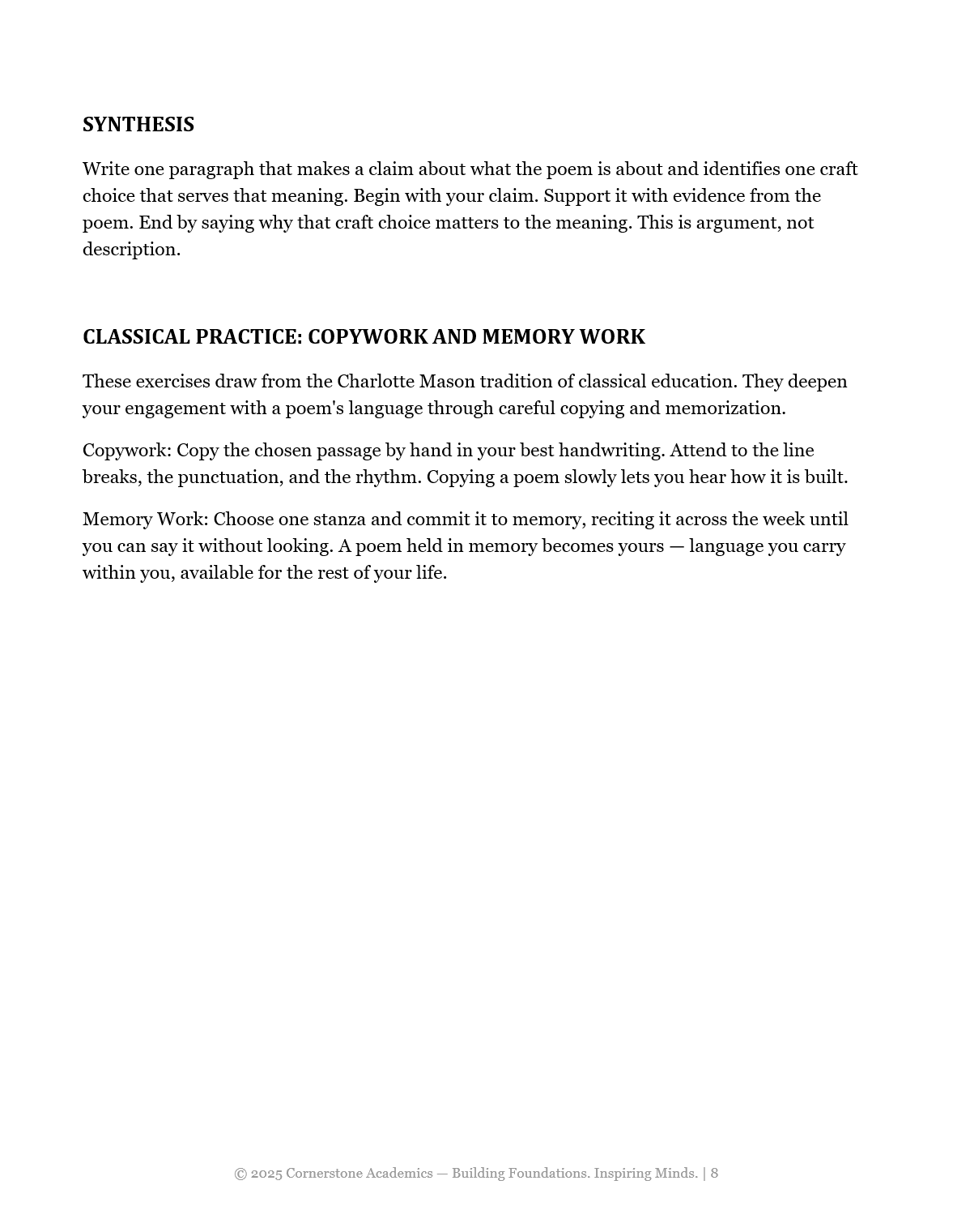 Vanguard Literature Grade 8 — Poetry Companion Student Workbook | Cornerstone Academics